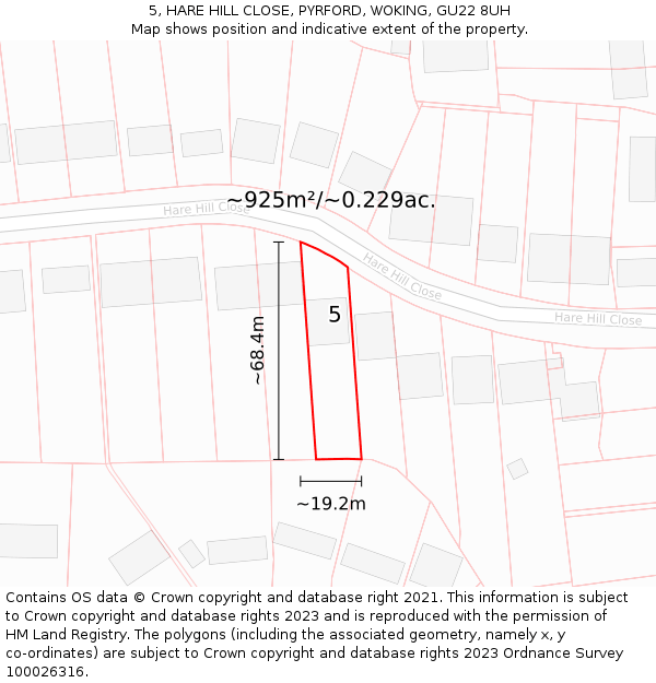 5, HARE HILL CLOSE, PYRFORD, WOKING, GU22 8UH: Plot and title map