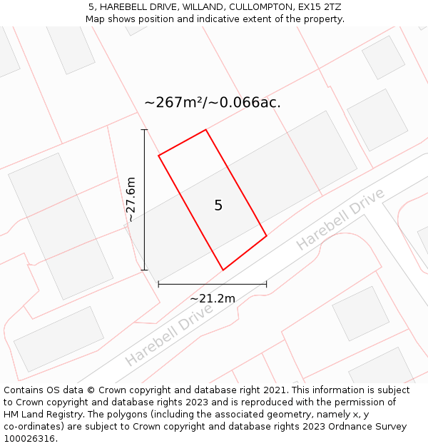 5, HAREBELL DRIVE, WILLAND, CULLOMPTON, EX15 2TZ: Plot and title map