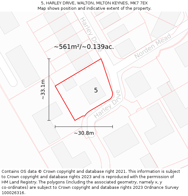 5, HARLEY DRIVE, WALTON, MILTON KEYNES, MK7 7EX: Plot and title map