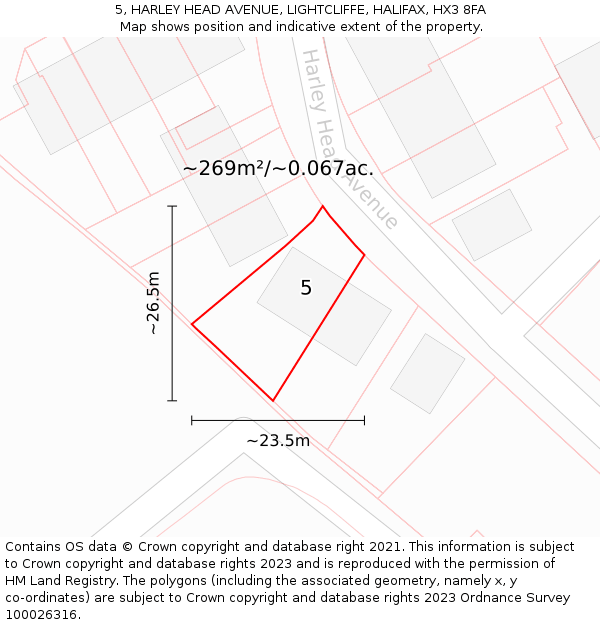 5, HARLEY HEAD AVENUE, LIGHTCLIFFE, HALIFAX, HX3 8FA: Plot and title map