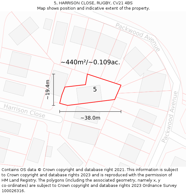 5, HARRISON CLOSE, RUGBY, CV21 4BS: Plot and title map