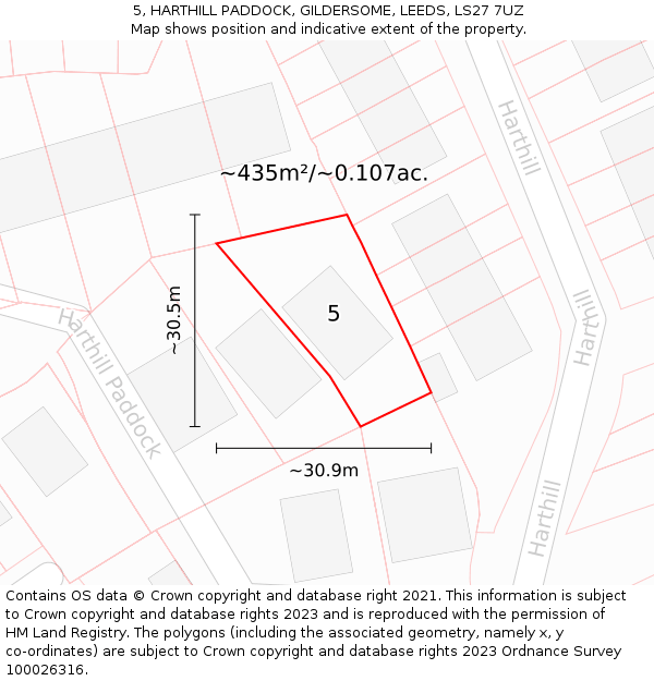 5, HARTHILL PADDOCK, GILDERSOME, LEEDS, LS27 7UZ: Plot and title map