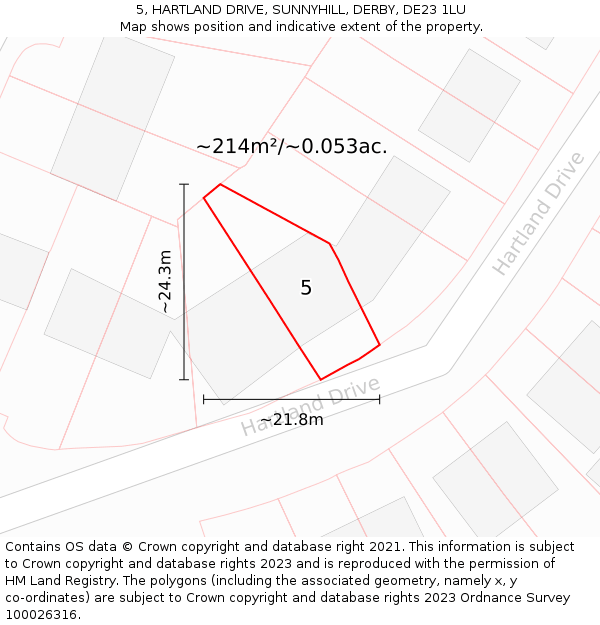 5, HARTLAND DRIVE, SUNNYHILL, DERBY, DE23 1LU: Plot and title map