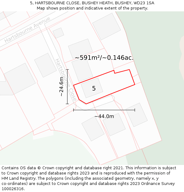 5, HARTSBOURNE CLOSE, BUSHEY HEATH, BUSHEY, WD23 1SA: Plot and title map