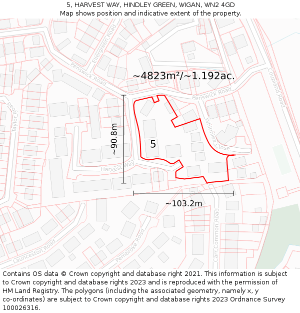 5, HARVEST WAY, HINDLEY GREEN, WIGAN, WN2 4GD: Plot and title map