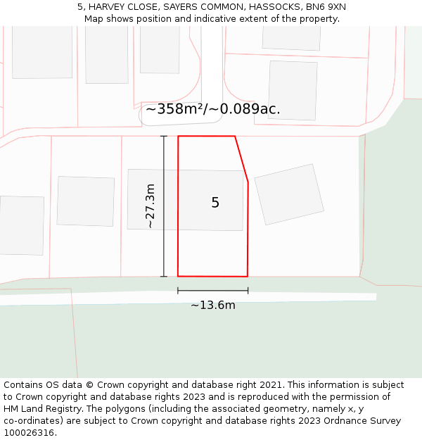 5, HARVEY CLOSE, SAYERS COMMON, HASSOCKS, BN6 9XN: Plot and title map