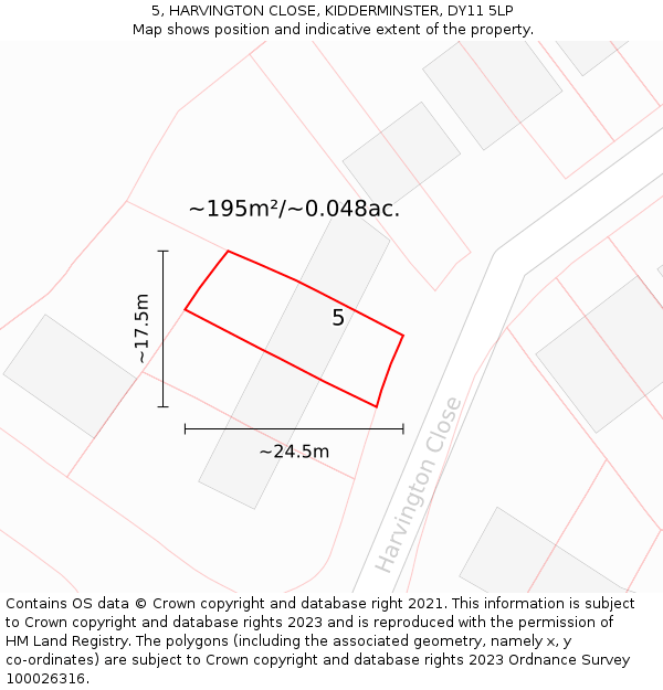 5, HARVINGTON CLOSE, KIDDERMINSTER, DY11 5LP: Plot and title map