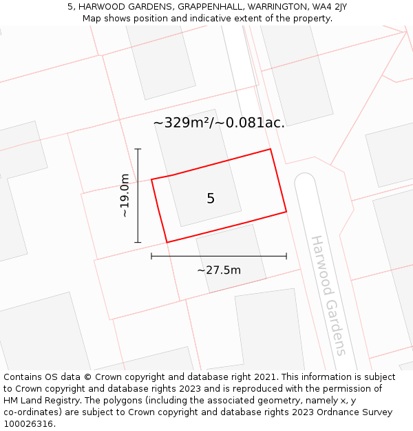 5, HARWOOD GARDENS, GRAPPENHALL, WARRINGTON, WA4 2JY: Plot and title map