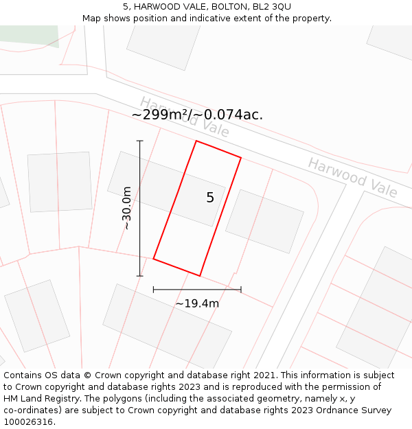 5, HARWOOD VALE, BOLTON, BL2 3QU: Plot and title map