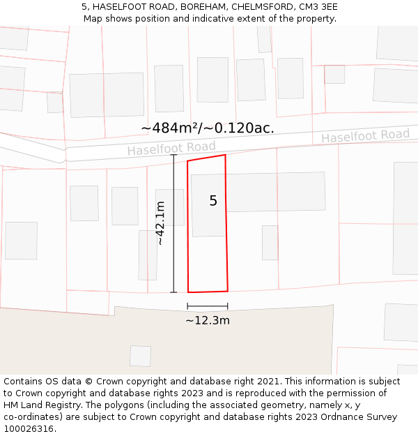 5, HASELFOOT ROAD, BOREHAM, CHELMSFORD, CM3 3EE: Plot and title map