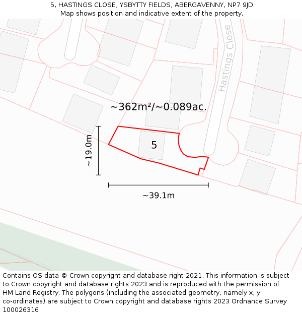 5, HASTINGS CLOSE, YSBYTTY FIELDS, ABERGAVENNY, NP7 9JD: Plot and title map