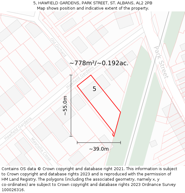 5, HAWFIELD GARDENS, PARK STREET, ST. ALBANS, AL2 2PB: Plot and title map