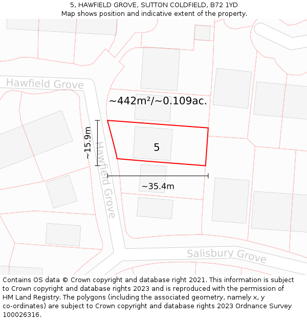 5, HAWFIELD GROVE, SUTTON COLDFIELD, B72 1YD: Plot and title map