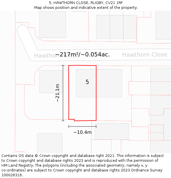 5, HAWTHORN CLOSE, RUGBY, CV21 1RF: Plot and title map
