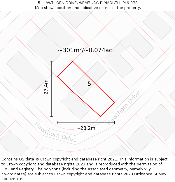 5, HAWTHORN DRIVE, WEMBURY, PLYMOUTH, PL9 0BE: Plot and title map