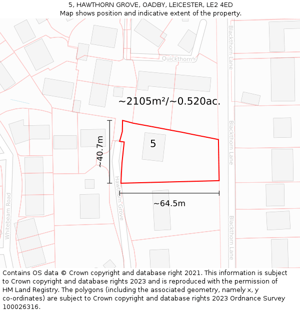 5, HAWTHORN GROVE, OADBY, LEICESTER, LE2 4ED: Plot and title map