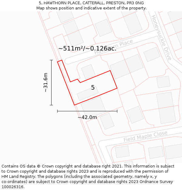 5, HAWTHORN PLACE, CATTERALL, PRESTON, PR3 0NG: Plot and title map