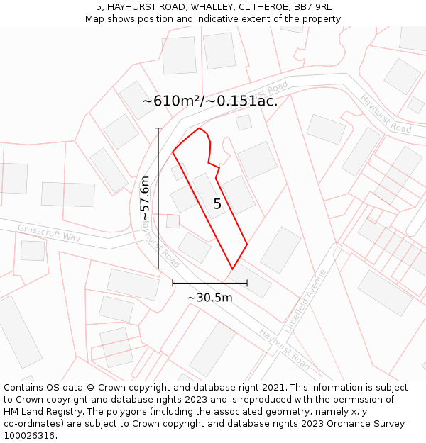 5, HAYHURST ROAD, WHALLEY, CLITHEROE, BB7 9RL: Plot and title map