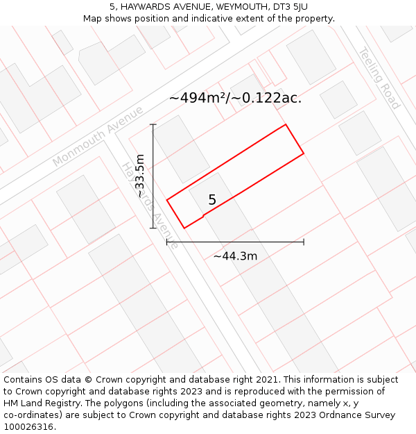 5, HAYWARDS AVENUE, WEYMOUTH, DT3 5JU: Plot and title map