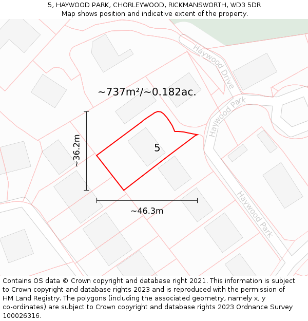 5, HAYWOOD PARK, CHORLEYWOOD, RICKMANSWORTH, WD3 5DR: Plot and title map