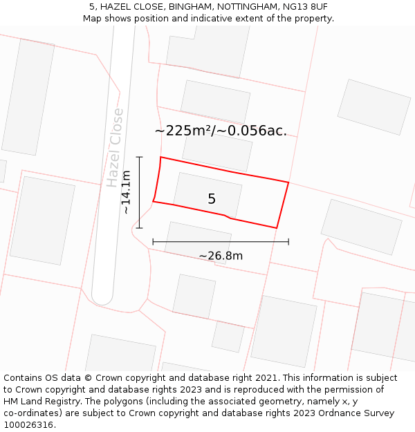 5, HAZEL CLOSE, BINGHAM, NOTTINGHAM, NG13 8UF: Plot and title map