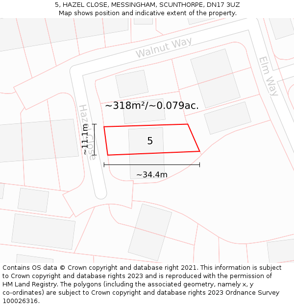 5, HAZEL CLOSE, MESSINGHAM, SCUNTHORPE, DN17 3UZ: Plot and title map