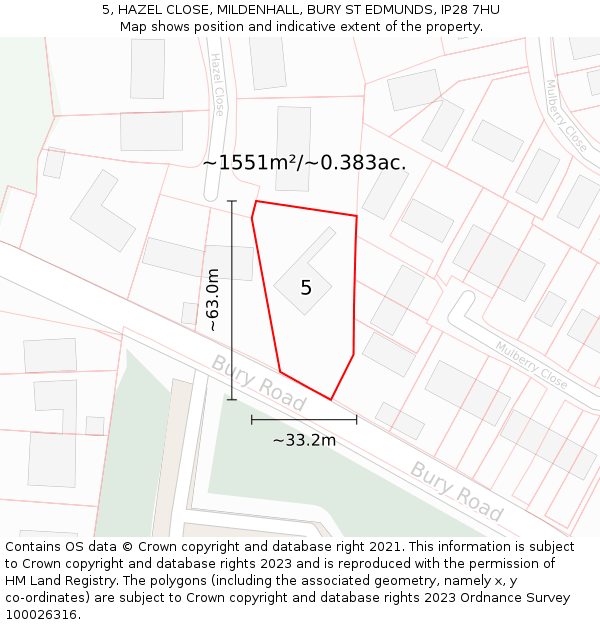 5, HAZEL CLOSE, MILDENHALL, BURY ST EDMUNDS, IP28 7HU: Plot and title map