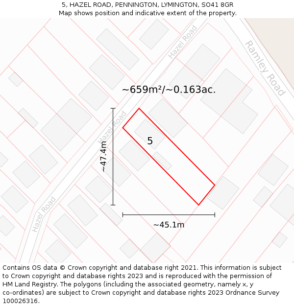 5, HAZEL ROAD, PENNINGTON, LYMINGTON, SO41 8GR: Plot and title map