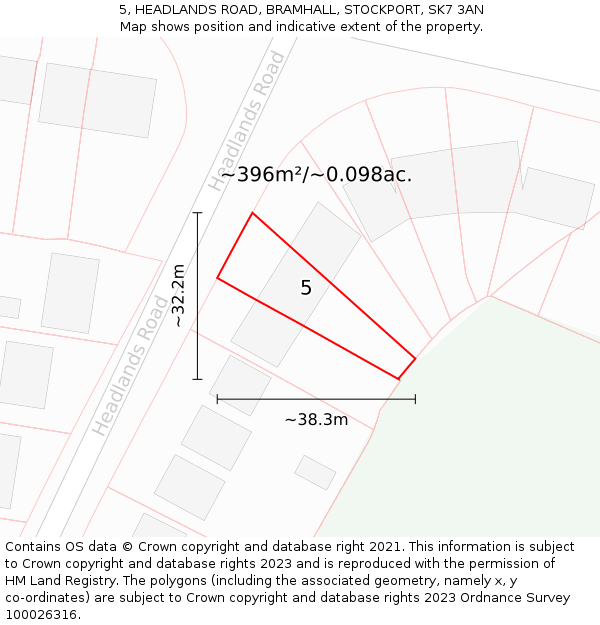 5, HEADLANDS ROAD, BRAMHALL, STOCKPORT, SK7 3AN: Plot and title map