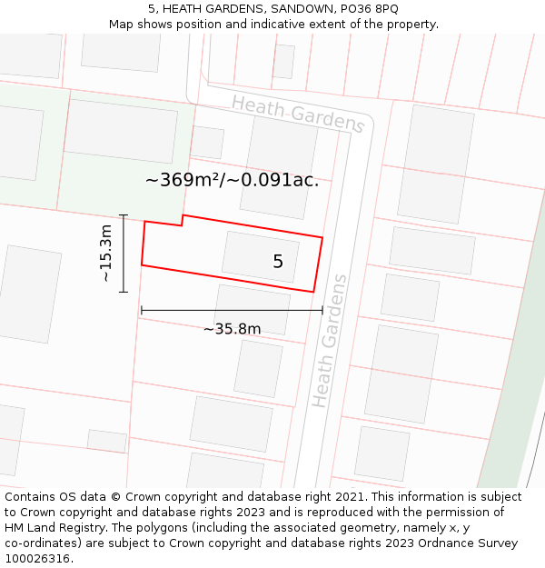 5, HEATH GARDENS, SANDOWN, PO36 8PQ: Plot and title map