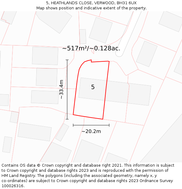 5, HEATHLANDS CLOSE, VERWOOD, BH31 6UX: Plot and title map