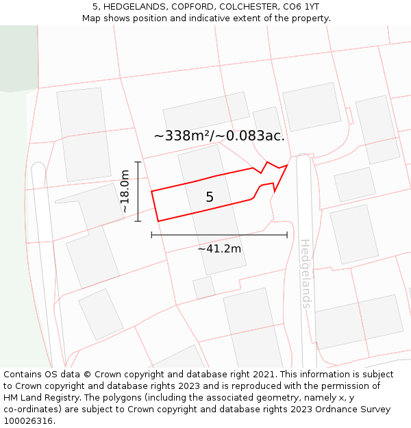 5, HEDGELANDS, COPFORD, COLCHESTER, CO6 1YT: Plot and title map