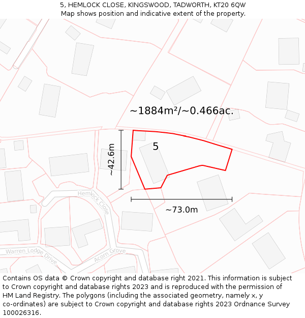 5, HEMLOCK CLOSE, KINGSWOOD, TADWORTH, KT20 6QW: Plot and title map