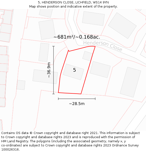 5, HENDERSON CLOSE, LICHFIELD, WS14 9YN: Plot and title map