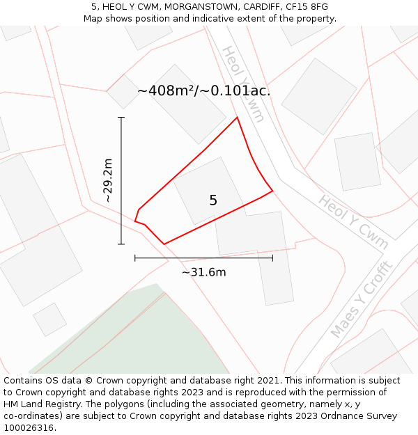 5, HEOL Y CWM, MORGANSTOWN, CARDIFF, CF15 8FG: Plot and title map