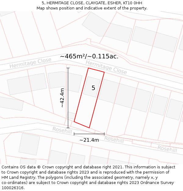 5, HERMITAGE CLOSE, CLAYGATE, ESHER, KT10 0HH: Plot and title map