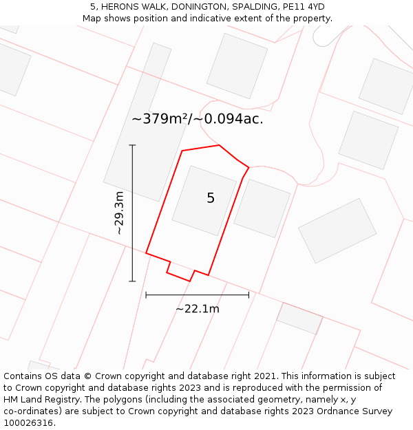 5, HERONS WALK, DONINGTON, SPALDING, PE11 4YD: Plot and title map