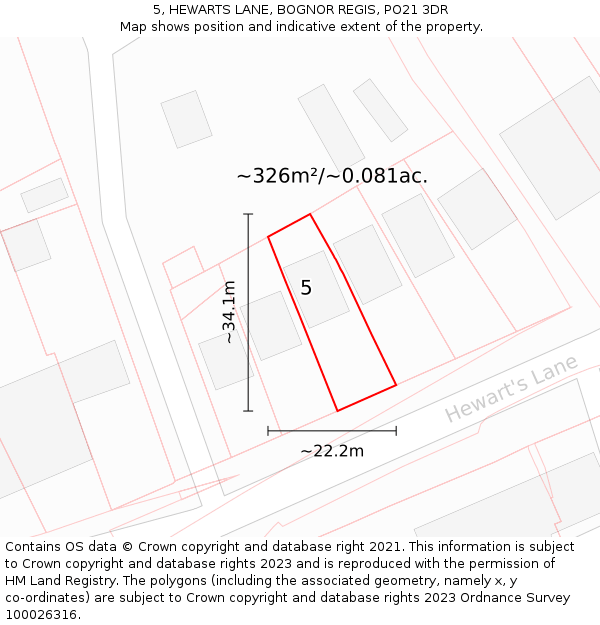 5, HEWARTS LANE, BOGNOR REGIS, PO21 3DR: Plot and title map