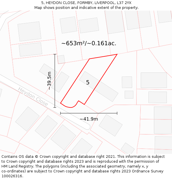 5, HEYDON CLOSE, FORMBY, LIVERPOOL, L37 2YX: Plot and title map