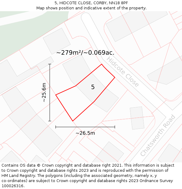5, HIDCOTE CLOSE, CORBY, NN18 8PF: Plot and title map