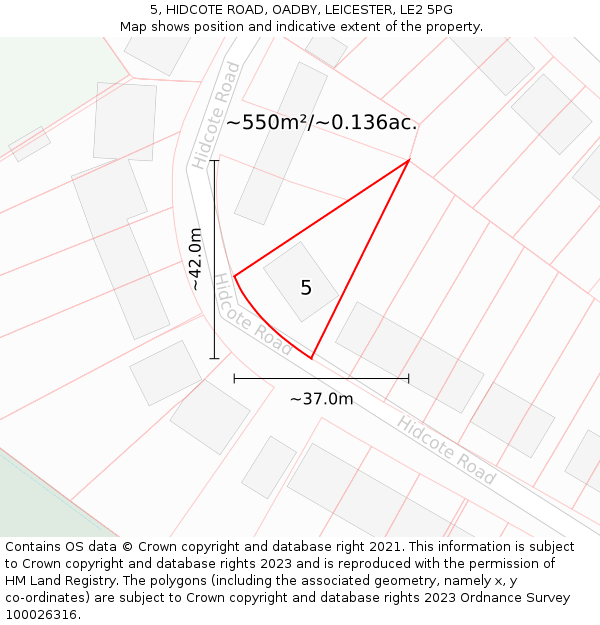 5, HIDCOTE ROAD, OADBY, LEICESTER, LE2 5PG: Plot and title map