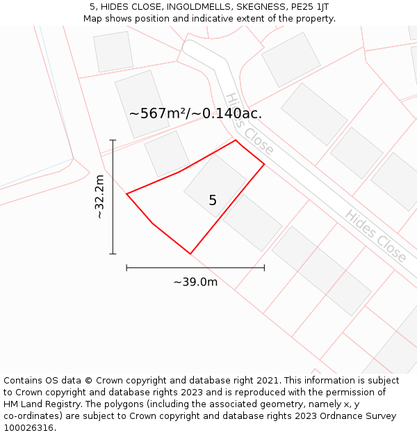 5, HIDES CLOSE, INGOLDMELLS, SKEGNESS, PE25 1JT: Plot and title map
