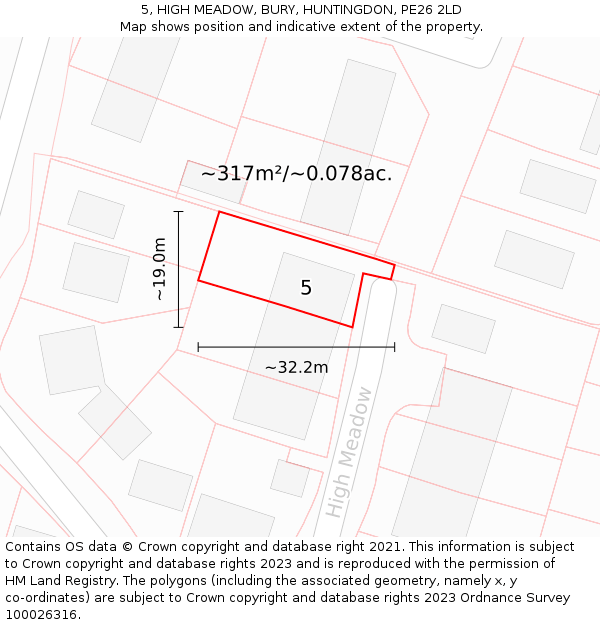 5, HIGH MEADOW, BURY, HUNTINGDON, PE26 2LD: Plot and title map