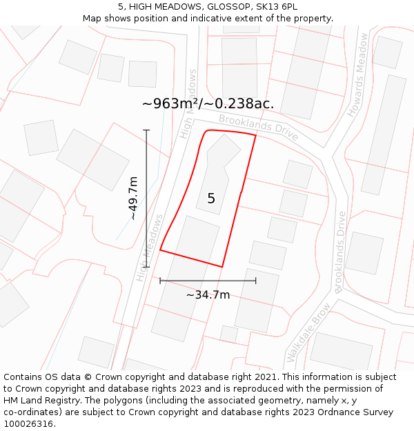 5, HIGH MEADOWS, GLOSSOP, SK13 6PL: Plot and title map