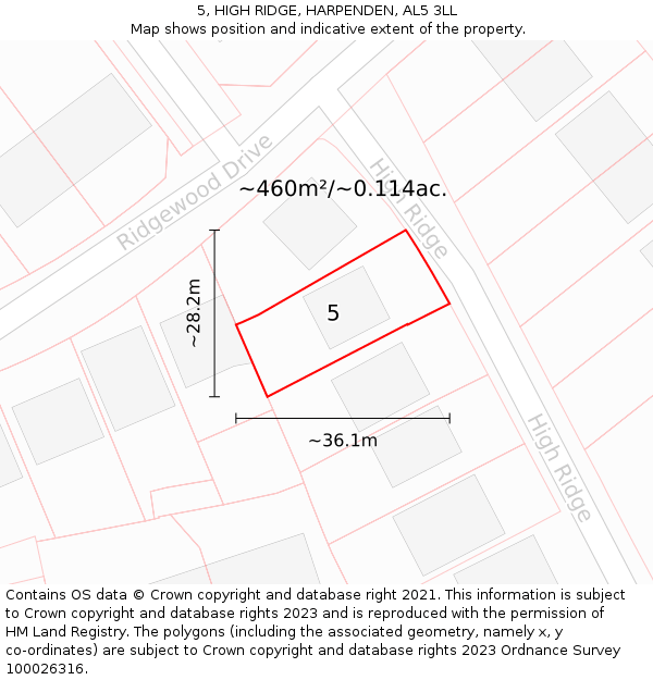 5, HIGH RIDGE, HARPENDEN, AL5 3LL: Plot and title map