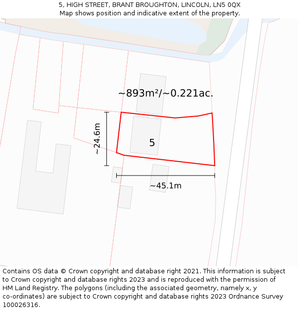 5, HIGH STREET, BRANT BROUGHTON, LINCOLN, LN5 0QX: Plot and title map