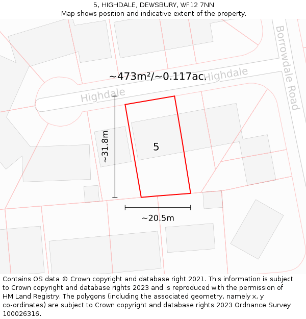 5, HIGHDALE, DEWSBURY, WF12 7NN: Plot and title map