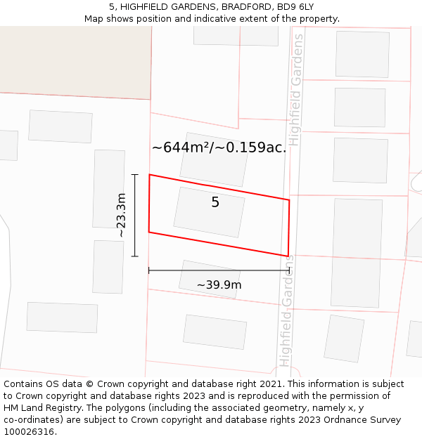 5, HIGHFIELD GARDENS, BRADFORD, BD9 6LY: Plot and title map