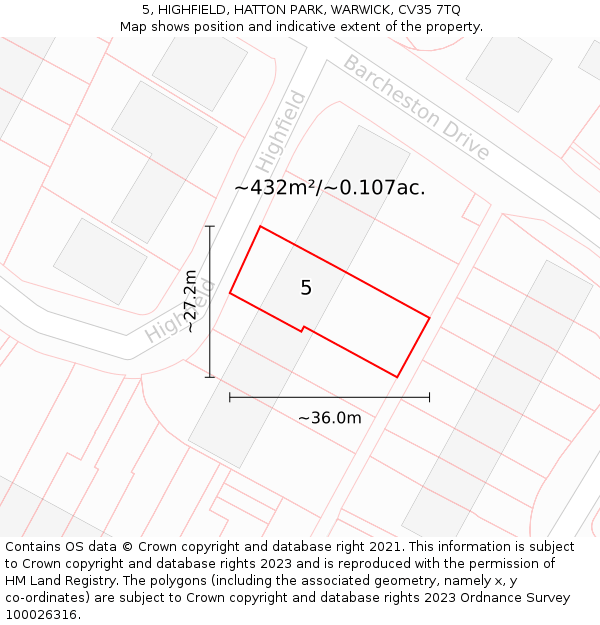 5, HIGHFIELD, HATTON PARK, WARWICK, CV35 7TQ: Plot and title map