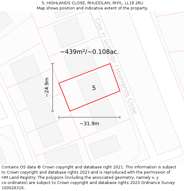 5, HIGHLANDS CLOSE, RHUDDLAN, RHYL, LL18 2RU: Plot and title map